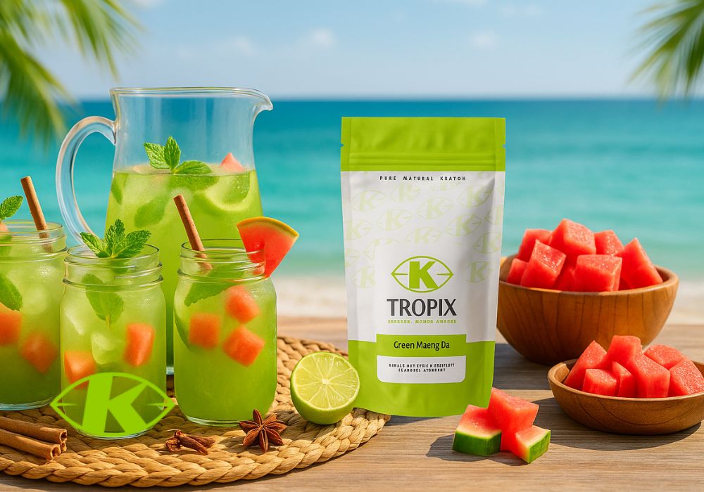 K Tropix Green Maeng Da kratom watermelon mint cooler summer scene