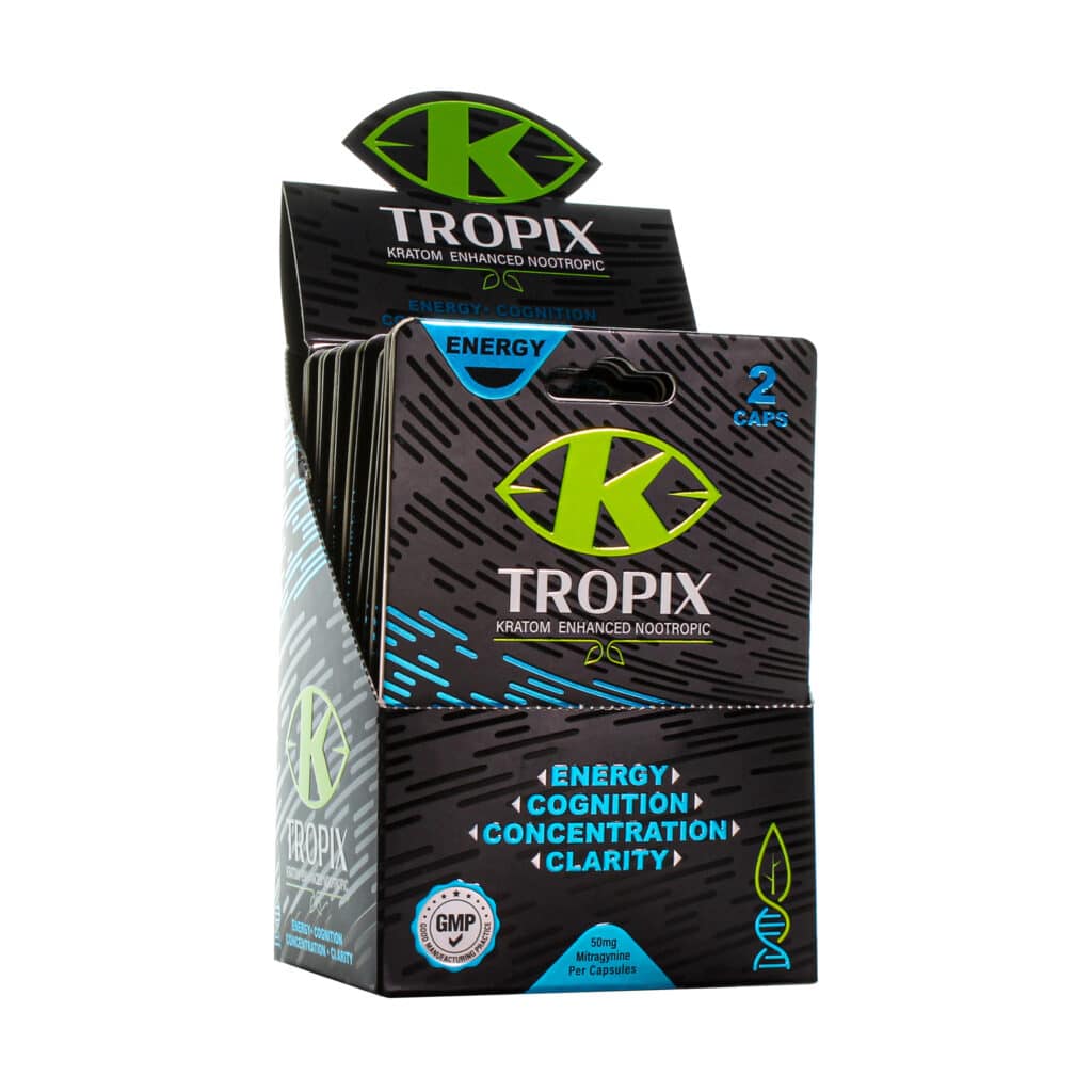 box of kratom enhanced nootropic capsules with 2 capsules per cart.