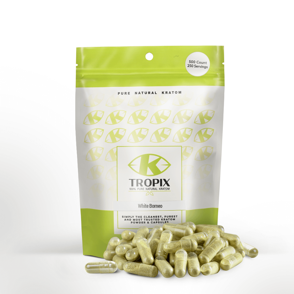 500 count bag of White borneo kratom capsules from K Tropix