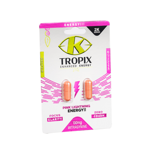K Tropix pink lighting kratom enhanced energy capsules